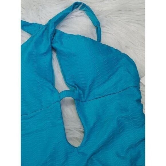 BECCA One-Piece Swimsuit M High Neck Plunge Cut Out Gulf Blue Vibes Tessa - Picture 5 of 8